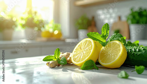 Ingredienti freschi per bevanda  con limoni tagliati a metà, radice di zenzero e foglie di menta su un piano cucina luminoso. Generative AI 
