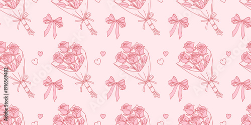 Seamless pattern with roses and bows on a background. Fabric print.
