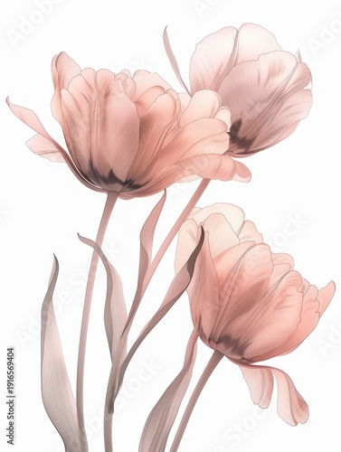Detailed pastel pink tulips on white background. AI-generated.