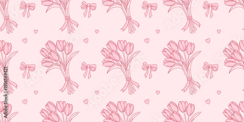 Seamless pattern with tulips and bows on a pink background. Fabric print.
