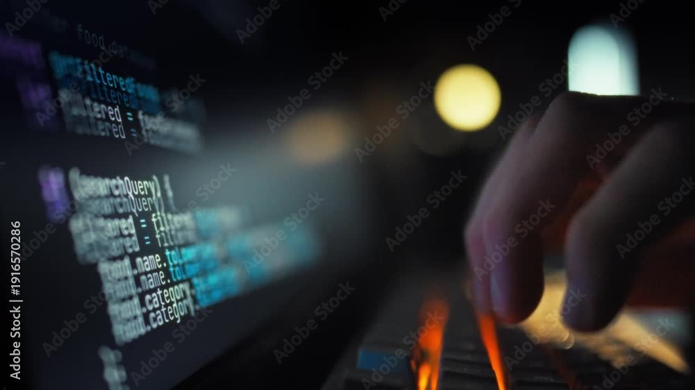 A skilled programmer rapidly types complex code on a keyboard ...