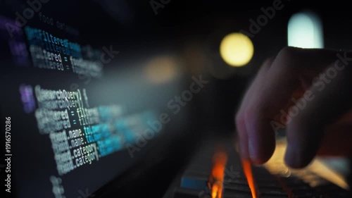 A skilled programmer rapidly types complex code on a keyboard, dynamically updating artificial intelligence software visible on a high-resolution computer screen