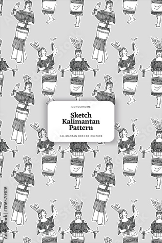 Borneo Traditional Dance Pattern Outline Illustration