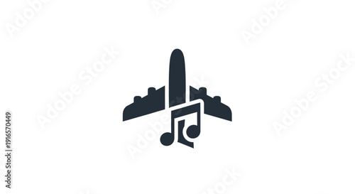 Airplane and musical note icon on white background symbolizing travel music