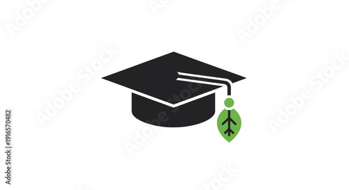 Black graduation cap with green leaf icon on white background