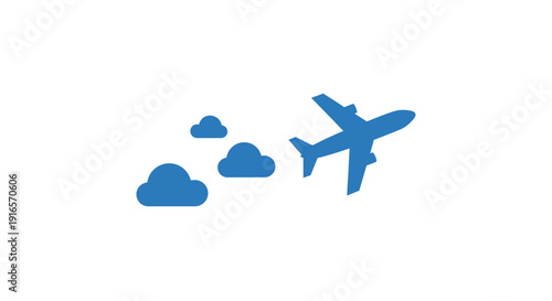 Blue airplane and clouds illustration on white background for travel themes