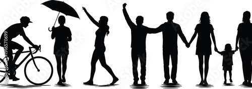 Silhouette of diverse people outdoors, cycling, walking, family bonding, friendship, leisure, unity, community, celebration, lifestyle, diversity, togetherness