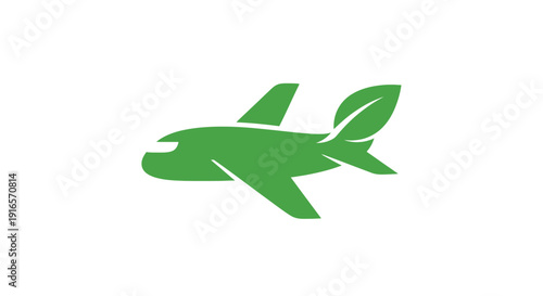 Green airplane silhouette with leaf symbol on white background for concepts