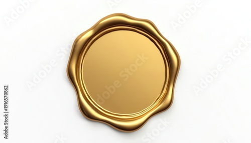 Golden wax seal on white background. It is round, blank, perfect for official documents, invitations or certificates. Use for luxury wedding or business sealing. Great for vintage, antique designs.