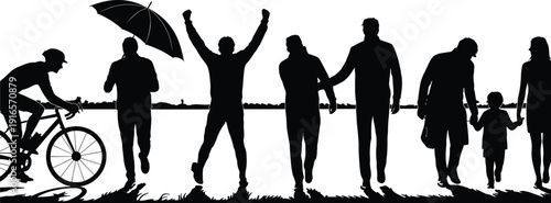 Silhouette of diverse people enjoying outdoor activities, cycling, walking, family bonding, friendship, leisure, unity, community, celebration, lifestyle, togetherness