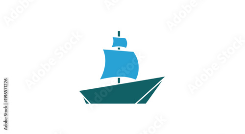 Stylized boat illustration marine vessel with blue sails on a white backdrop
