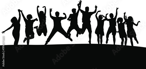 Silhouette of happy young friends jumping together, celebrating freedom and success outdoors with joyful energy and unity concept