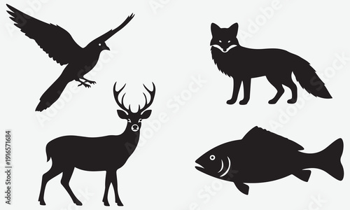 Black silhouette of a bird in flight a fox a deer with antlers and a fish on a white background