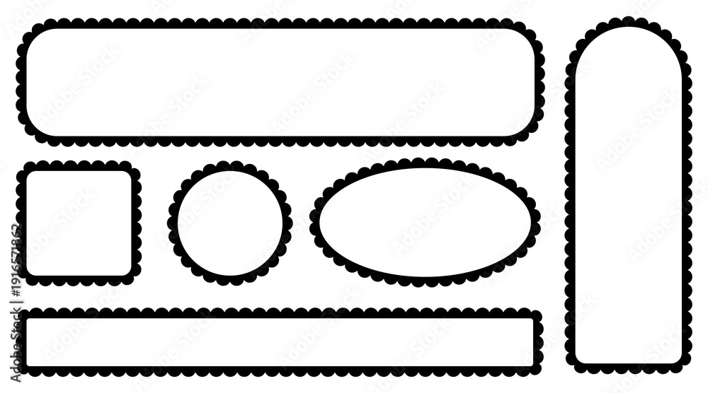 Fototapeta premium Scalloped edge frames set. Circle, square and ellipse shapes for simple labels or stickers. Flower lace silhouettes and wavy borders. Vector illustration isolated on white for wedding stationery.