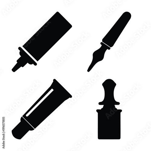 Aesthetic collection of writing, art, and craft tools as black silhouette icons