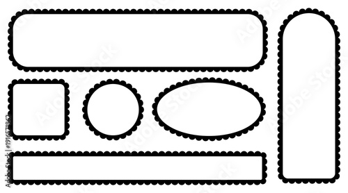 Scalloped edge frames set. Circle, square and ellipse shapes for simple labels or stickers. Flower lace silhouettes and wavy borders. Vector illustration isolated on white for wedding stationery.