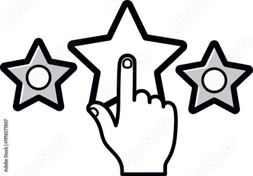 A hand clicking on a star rating icon isolated on transparent background
