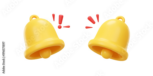 Two yellow bells with red exclamation marks notification alert symbol ringing loudly in air transparent background