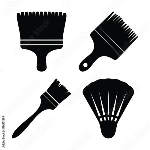 Collection of diverse black silhouette paintbrush icons depicting various artistic and diy tools