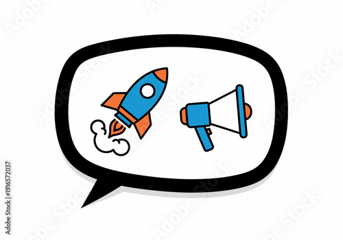 Rocket and Megaphone Inside Speech Bubble Icon.