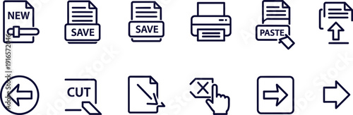 A set of 12 icons for file operations isolated on transparent background