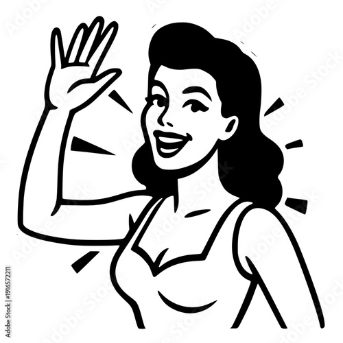 Friendly woman waving with a big smile on her face