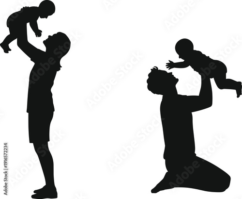 Silhouette of parents lifting babies, joyful family bonding, parental love, playful interaction, happy childhood moments, parenting concept, family connection, nurturing care