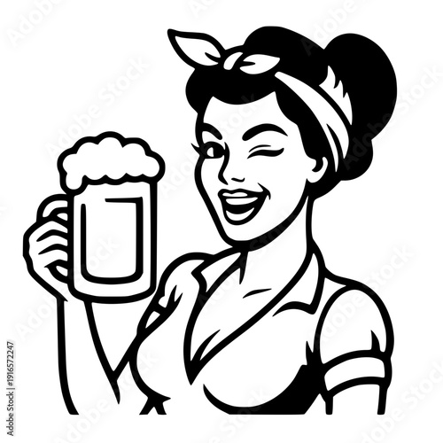 Cheerful waitress offering cold beer with welcoming smile