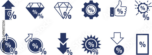 Collection of financial and percentage icons isolated on transparent background