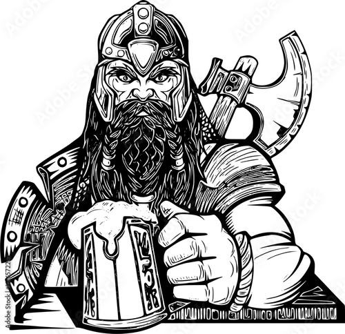 Viking warrior enjoying a frothy beer in a rustic setting