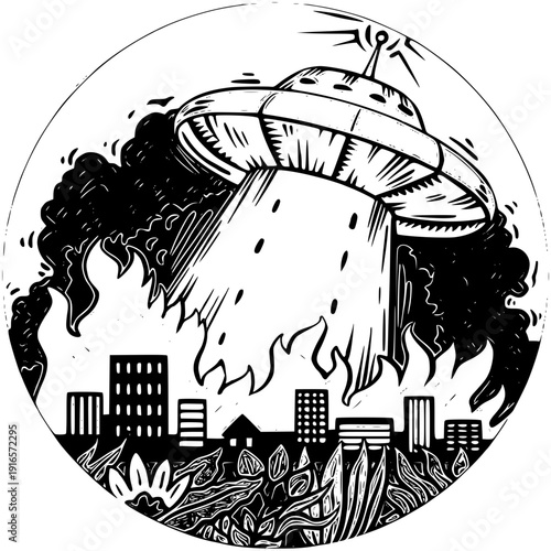 UFO hovers over cityscape with fiery beam