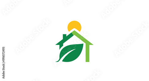 Green House Logo with Sun and Leaf Symbol.
