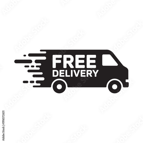 Black silhouette of a delivery van with a free delivery message