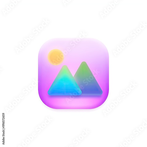 Free Download Stylized digital icon representing a landscape with mountains and sun on a gradient purple background - GFXLoad