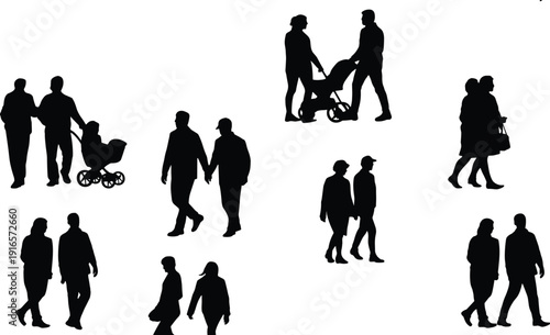 Silhouette pairs walking together, family companionship, friendship unity, everyday lifestyle, stroller scene, diverse relationships, social bond, minimalist design, human connection