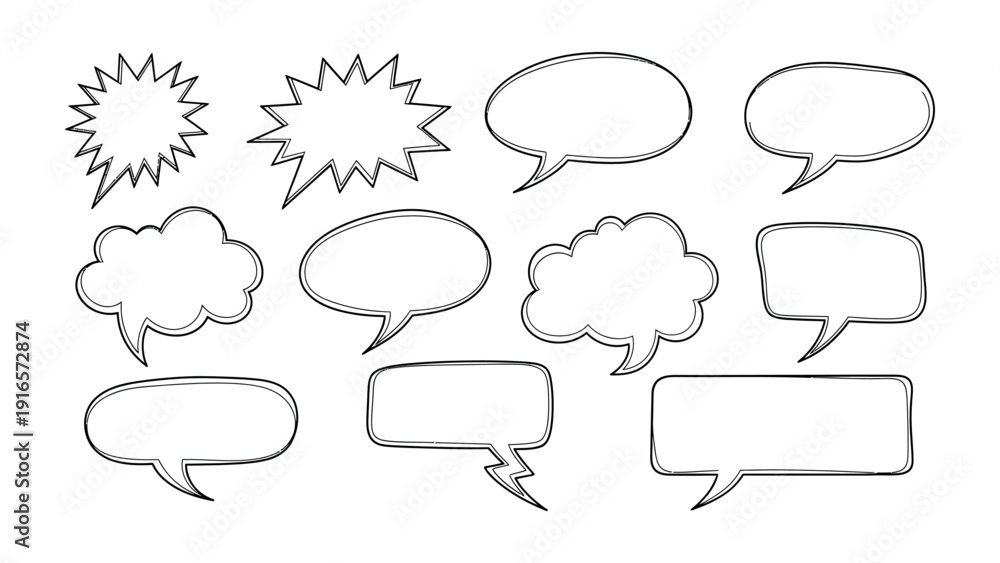 Obraz premium Speech Bubble Collection: A collection of various empty speech bubbles in doodle style, offering a visual vocabulary for communication and thoughts.