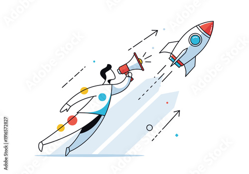 Man with Megaphone Launching Rocket into Sky.