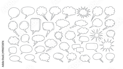 Speech Bubbles: A collection of various empty speech bubbles ready for adding words to express thought, feelings, or dialogue in a cartoon or comic. 