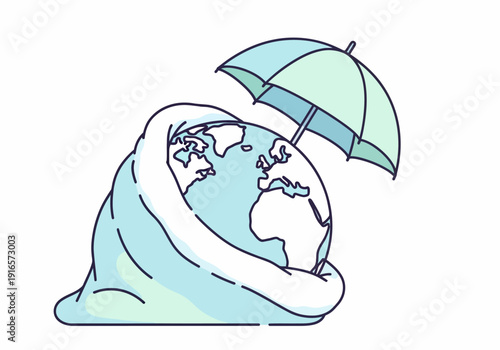 Planet Earth Protected by Umbrella and Swirling Element.