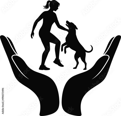 Silhouette woman with dog, protective hands illustration, human animal bond artwork, compassion care concept, black and white symbolic design