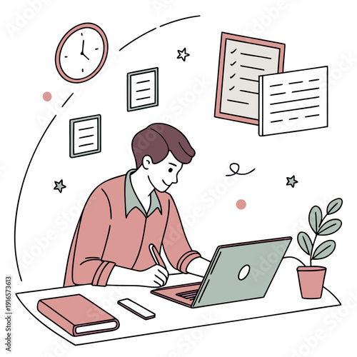 A woman sits at a desk with a laptop and studies