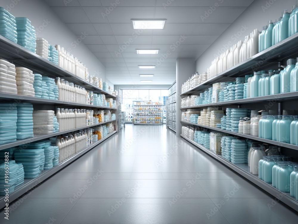 Fototapeta premium Hyper-realistic retail aisle with neatly stacked products