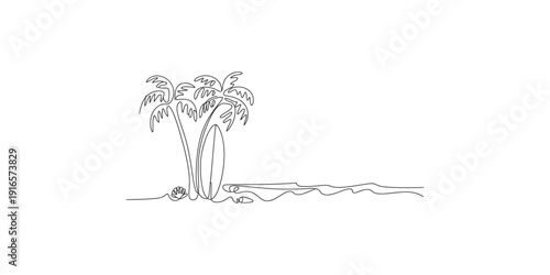 Minimalist line drawing of palm trees and a surfboard on a tropical beach scene