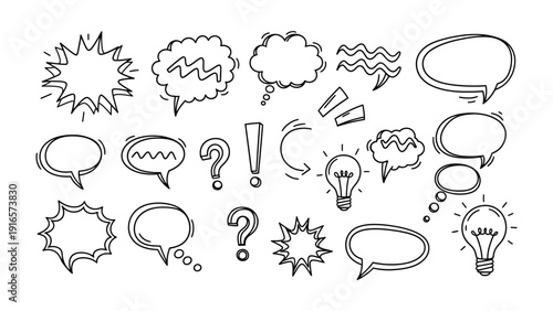 Dialogue Bubble Collection: A diverse collection of illustrated dialogue bubbles and thought bubbles, capturing different expressions and ideas.