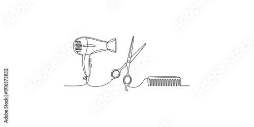 Continuous line drawing of professional hair salon tools including hair dryer scissors and comb