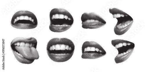 Halftone collage lips gesture set, Collection of Halftone Open Mouths and Lips in Various Expressive Poses, Black and White, Close-up