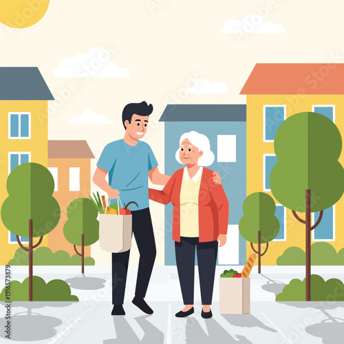 Young man helping an elderly woman with her groceries.
