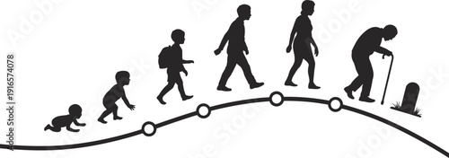 Silhouettes of human life stages progression, baby toddler child adult elderly with cane, symbolic life cycle illustration, birth to death