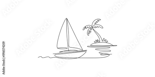 Minimalist continuous line drawing of a sailboat sailing near a tropical island with a palm tree.