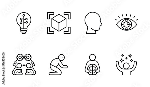 Set of vector icons depicting concepts like creativity, technology, and wellness